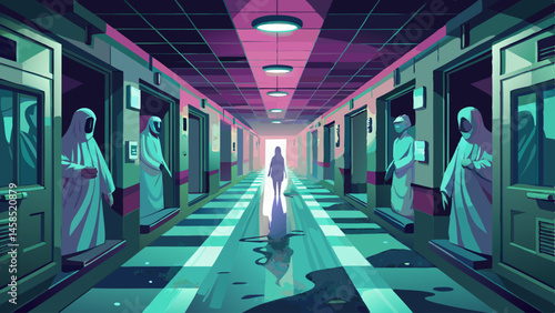 A group of people are walking down a hallway with a red substance on the floor. Scene is eerie and unsettling