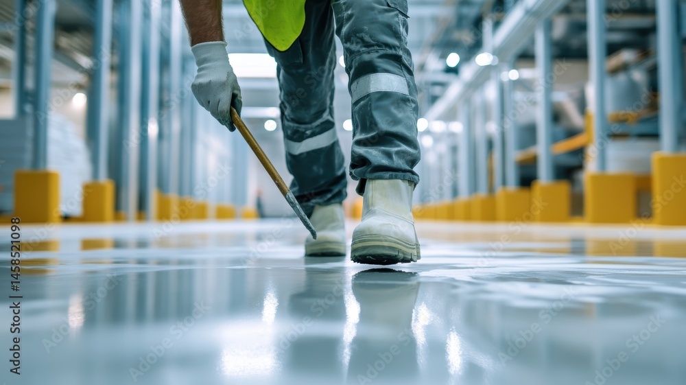 Obraz premium Male worker in yellow vest and protective gear painting industrial factory floor with white paint for maintenance and safety. Workers painting epoxy resin floor