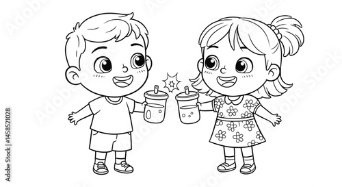 Happy Kids Toasting with Juice in Clear Plastic Cups Coloring Sheet