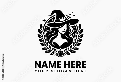 Vintage witch portrait in pointed hat surrounded by floral and leafy ornamental frame in symmetrical black and white vector logo, evoking mystery, nature, and ancient wisdom  