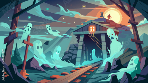 A creepy, dark, and scary scene with ghosts and a creepy house. Scene is eerie and unsettling