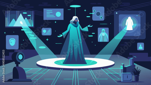 A woman in a dress is taking a picture of a ghost. The ghost is surrounded by other ghosts and a man is taking a picture of the woman