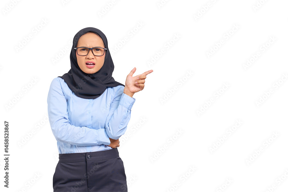 Portrait of shocked young Asian woman pointing finger at copy space isolated on transparent background Portrait of shocked young Asian woman pointing finger at copy space isolated on transparent background