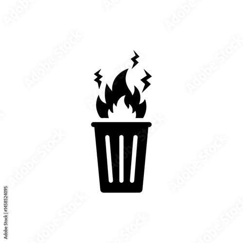 Black Icon of Burning Trash Bin with Distressed Fumes