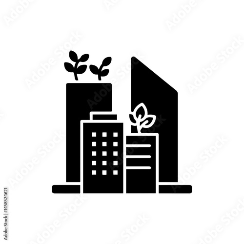 Smart City with Green Roofs Black Filled Line Icon