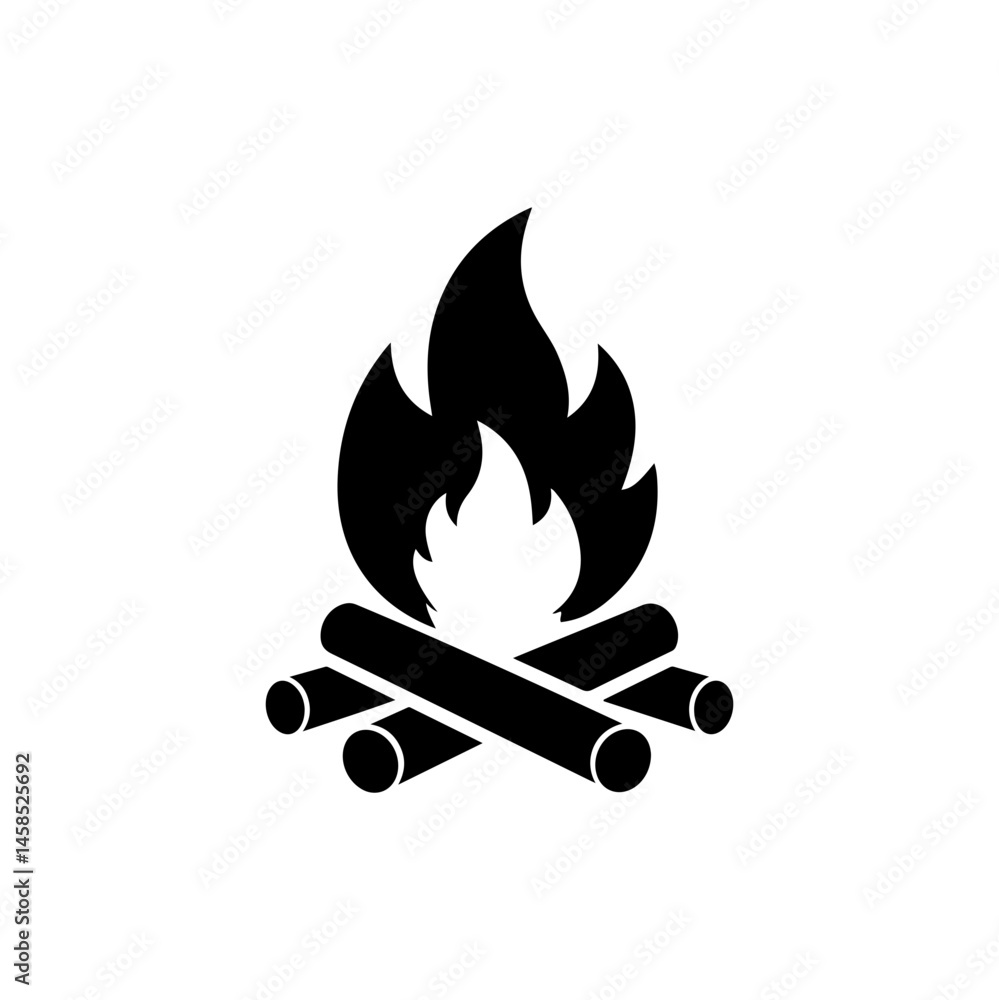 Campfire Icon with Stacked Logs and Flame, Black Silhouette Camping Symbol Campfire Icon with Stacked Logs and Flame, Black Silhouette Camping Symbol
