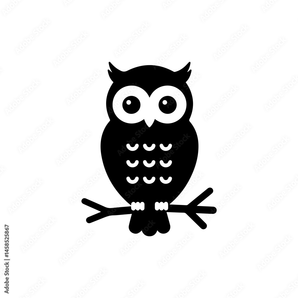 Owl Icon with Big Eyes Sitting on Branch - Black Filled Owl Icon with Big Eyes Sitting on Branch - Black Filled