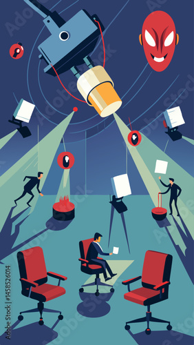 A blue circle with a camera in the center and a person in the middle of it. The circle is surrounded by chairs and a bed