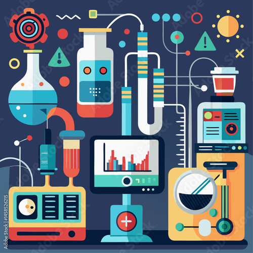 A colorful drawing of a lab with various scientific instruments and equipment. Scene is one of curiosity and exploration, as if the viewer is looking into a laboratory and discovering new things