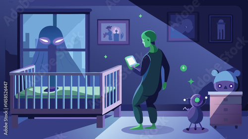 A man is standing in front of a crib with a tablet in his hand. The room is dark and creepy, with a monster lurking in the background