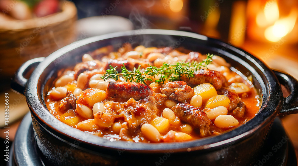 Traditional Fench cassoulet stew with white beans Toulouse sausage and duck confit Traditional Fench cassoulet stew with white beans Toulouse sausage and duck confit