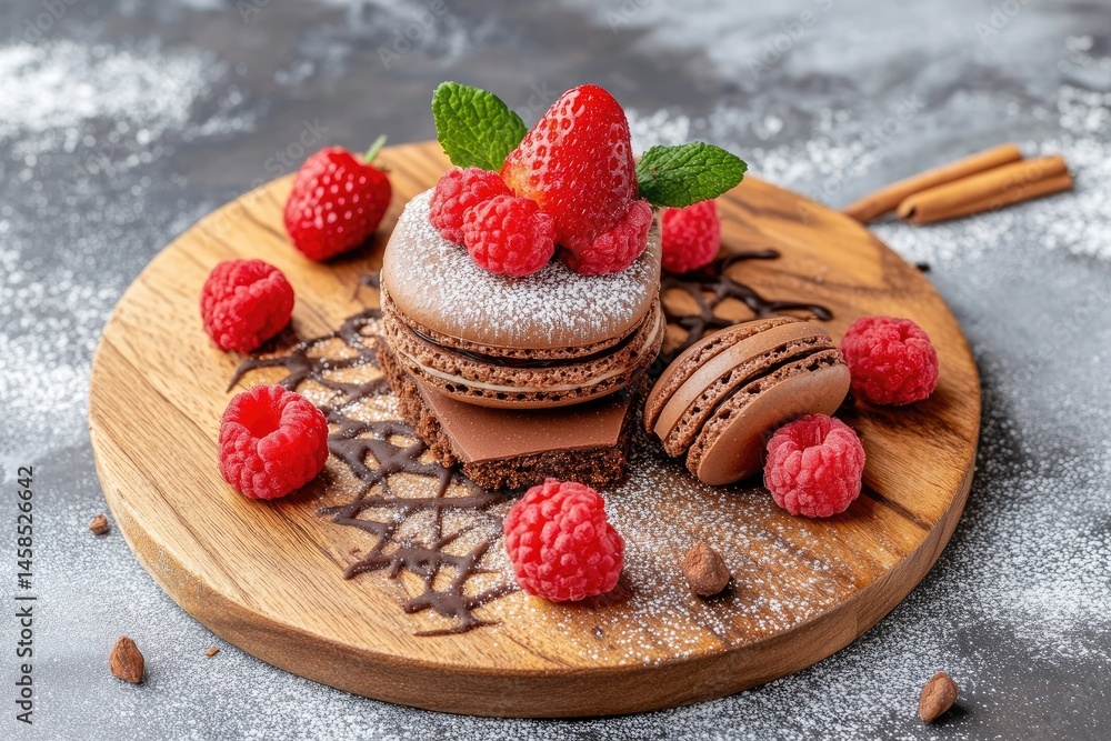 Chocolate macaron stack with raspberries and strawberries Chocolate macaron stack with raspberries and strawberries