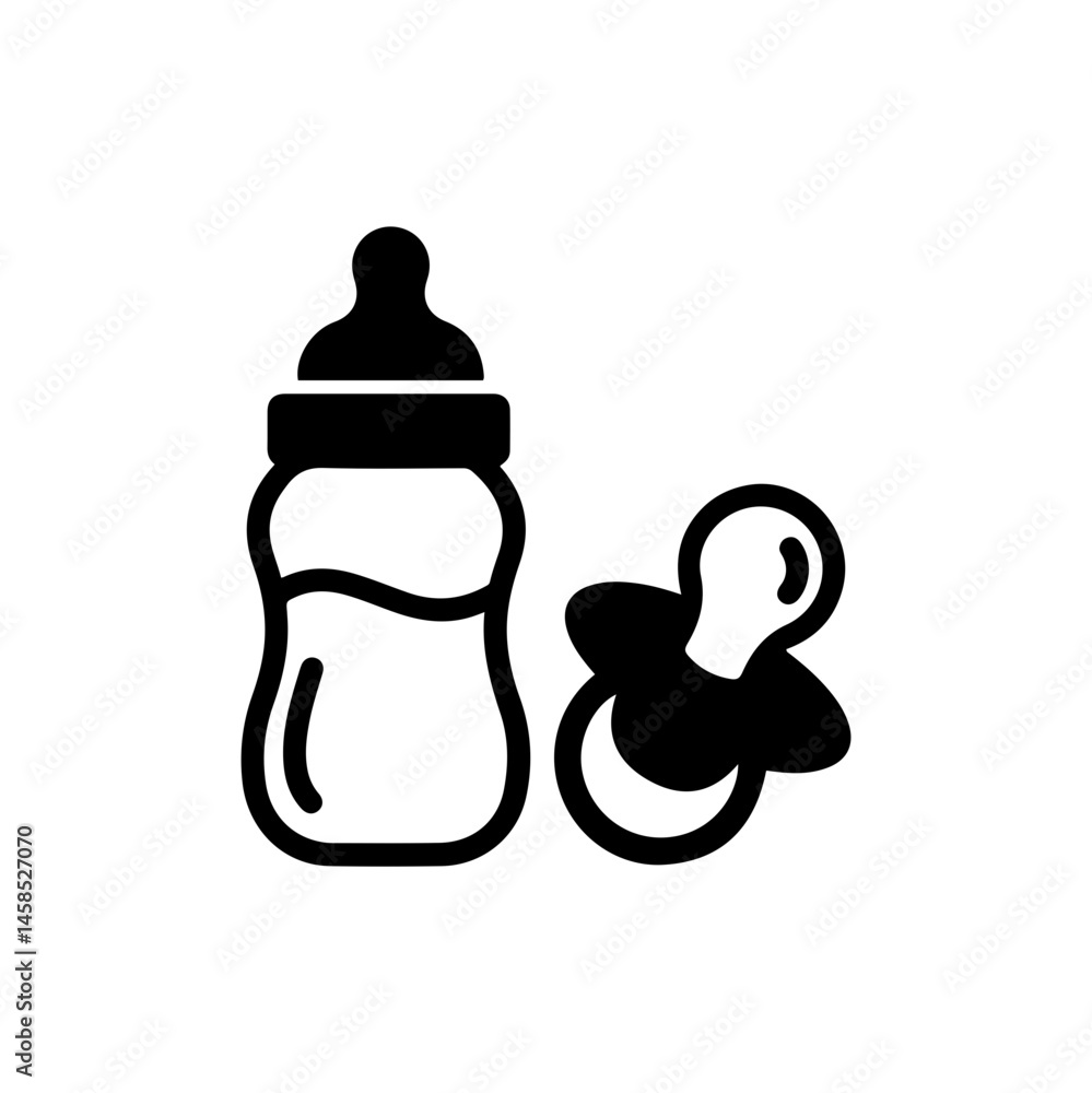 Obraz premium Baby Bottle and Pacifier Icon, Minimalist Infant Feeding and Soothing Graphic, Flat Vector Illustration of Bottle with Nipple and Pacifier, Simple Childcare Symbol