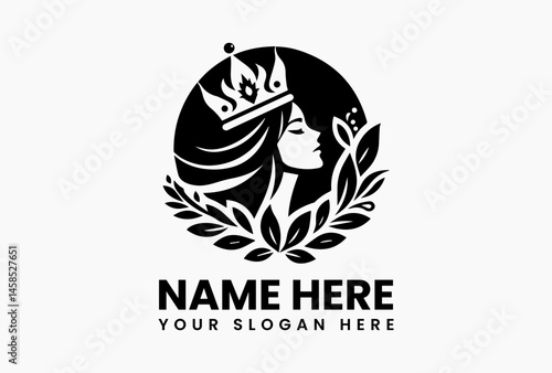 Elegant black and white illustration of a witch wearing a hat, surrounded by decorative leaves and flowers in a symmetrical design. Fantasy concept