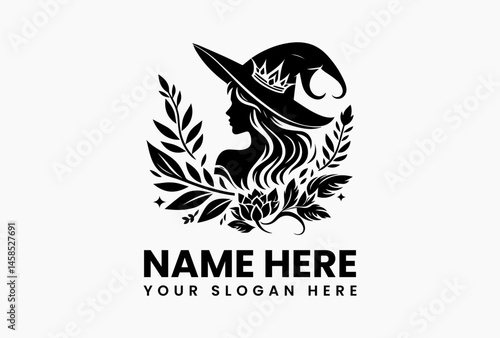 Elegant black and white illustration of a witch wearing a hat, surrounded by decorative leaves and flowers in a symmetrical design. Fantasy concept