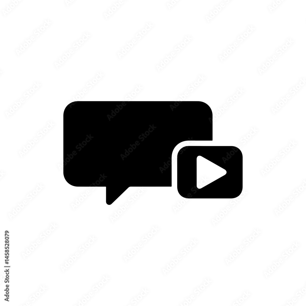 Filled Black Icon Chat Box with Play Button Inside Filled Black Icon Chat Box with Play Button Inside