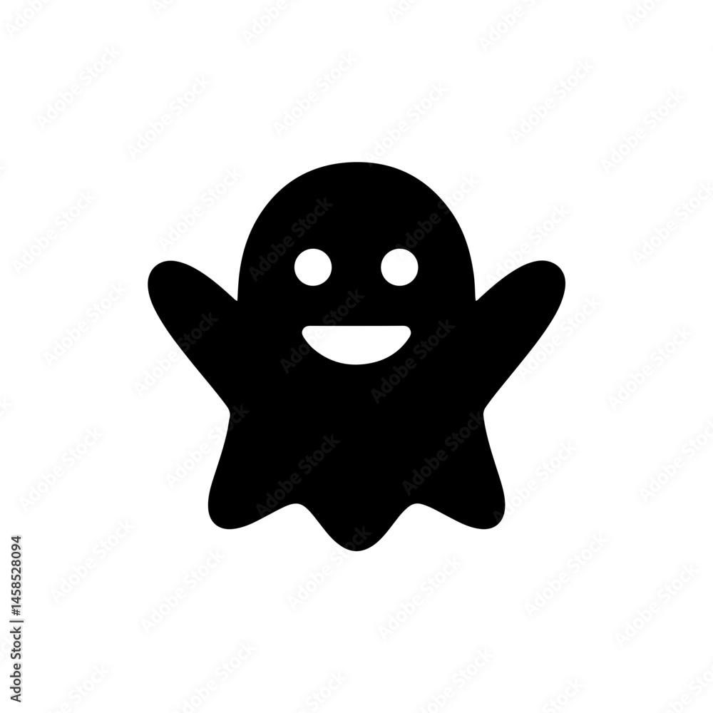 Black Filled Icon of Ghost with Smiling Face and No Border, Fun Halloween Symbol Black Filled Icon of Ghost with Smiling Face and No Border, Fun Halloween Symbol