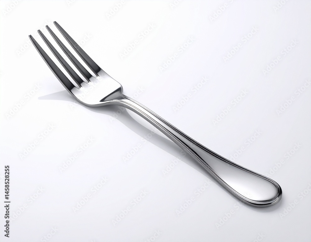 A shiny, four-tined utensil with a long, curved handle is positioned diagonally on a white surface, casting a shadow A shiny, four-tined utensil with a long, curved handle is positioned diagonally on a white surface, casting a shadow