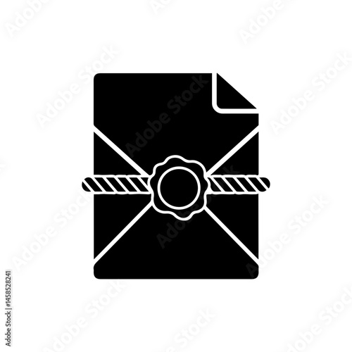 Black Filled Icon of File Envelope Tied with String and Seal, Document Security