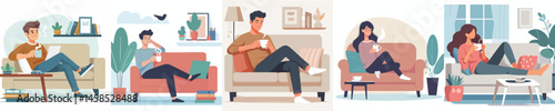 vector young man and woman sitting on the sofa drinking coffee