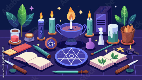 A collection of items including a pentacle, a star, and a sword. Concept of mysticism and magic
