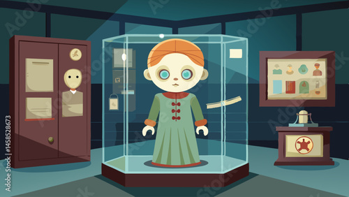 A doll is in a glass case in a museum. The doll is wearing a green dress and has a blue face. The museum is dark and the doll is the main focus of the scene