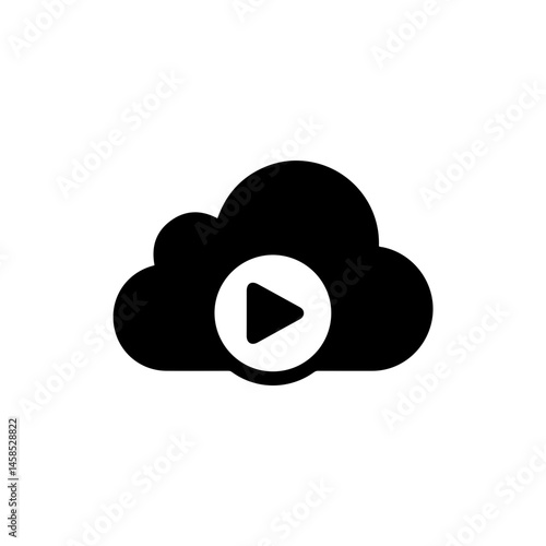 Simple Black Filled Icon of Cloud with Play Icon Inside Streaming from Cloud