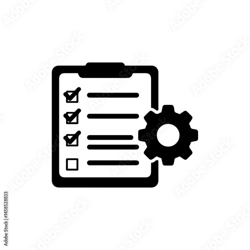 Checklist and gear combination minimal black icon, task management with settings symbol, work process control vector, productivity tool graphic, office planning icon, digital organization