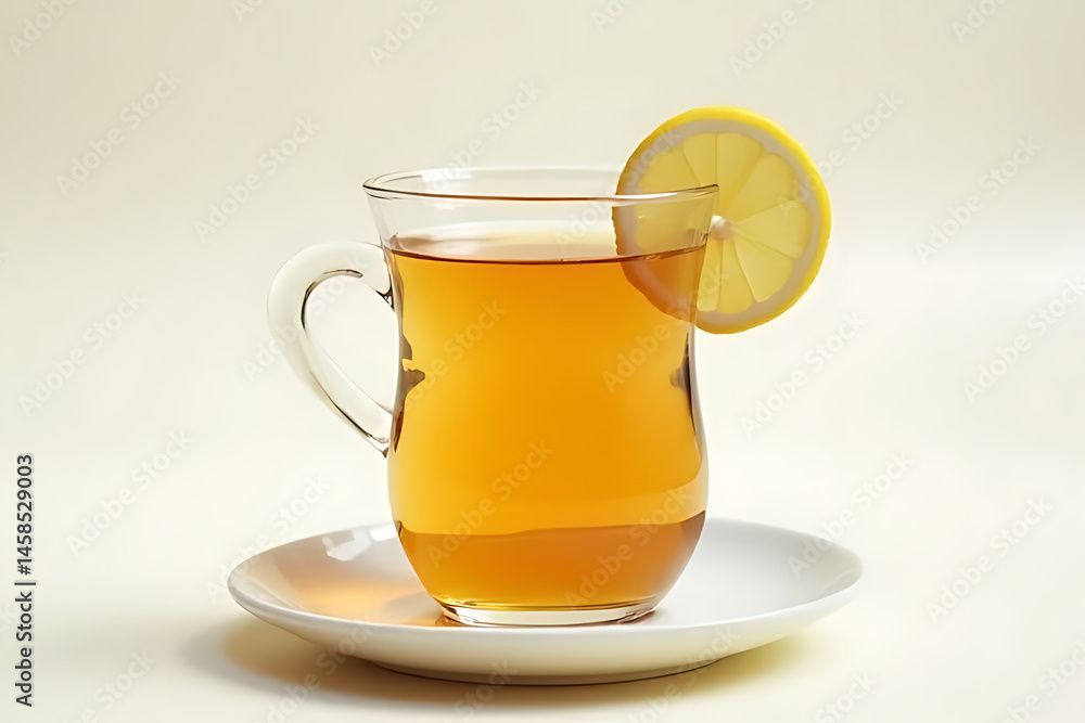 a modern tea setup with a single warm tea cup and a thin lemon slice on the rim, light background, minimal accessories, professional layout with clean space