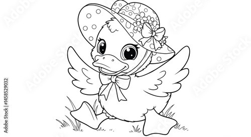 Adorable Animated Duckling Character in an Easter Bonnet Illustration for Coloring