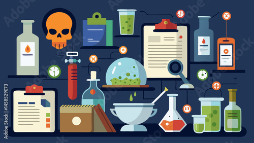 A blue background with a variety of scientific equipment and chemicals. The image is meant to convey the idea of a laboratory or a science experiment