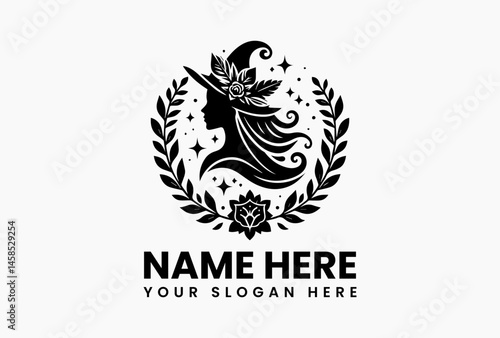 Elegant black and white illustration of a witch wearing a hat, surrounded by decorative leaves and flowers in a symmetrical design. Fantasy concept