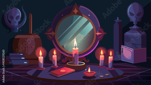 A dark room with a mirror and candles on a table. The candles are lit and the room has a mysterious and eerie atmosphere