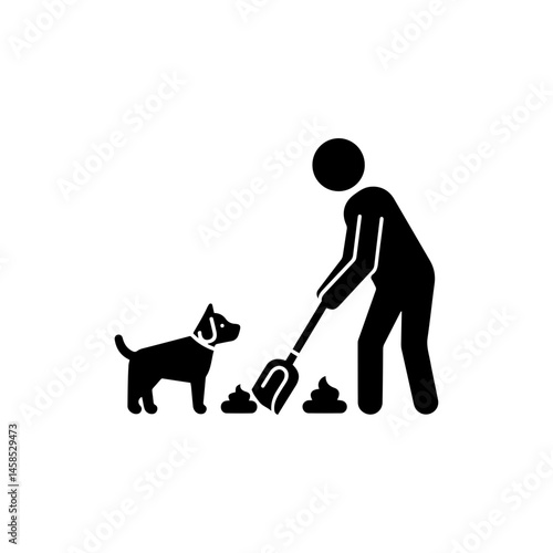 Dog Waste Cleanup Icon with Person Using Scoop in Black Silhouette Style