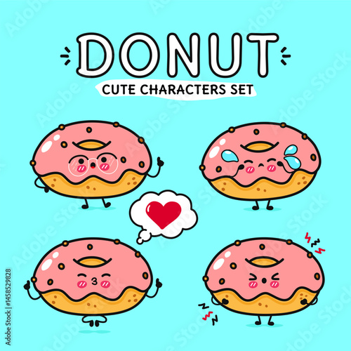 A charming collection of cute donut characters with varied facial expressions, perfect for cheerful designs.