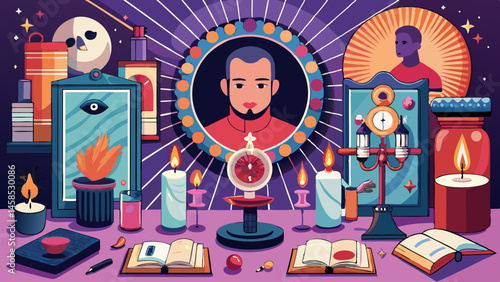 A colorful drawing of a man with a candle in front of him. The drawing also includes a book, a cup, and a vase. Scene is whimsical and playful, with the man
