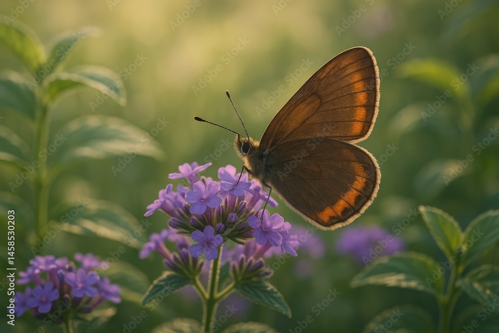 Obraz premium Beautiful Butterfly Resting on Purple Flower Petals in Sunrise Light