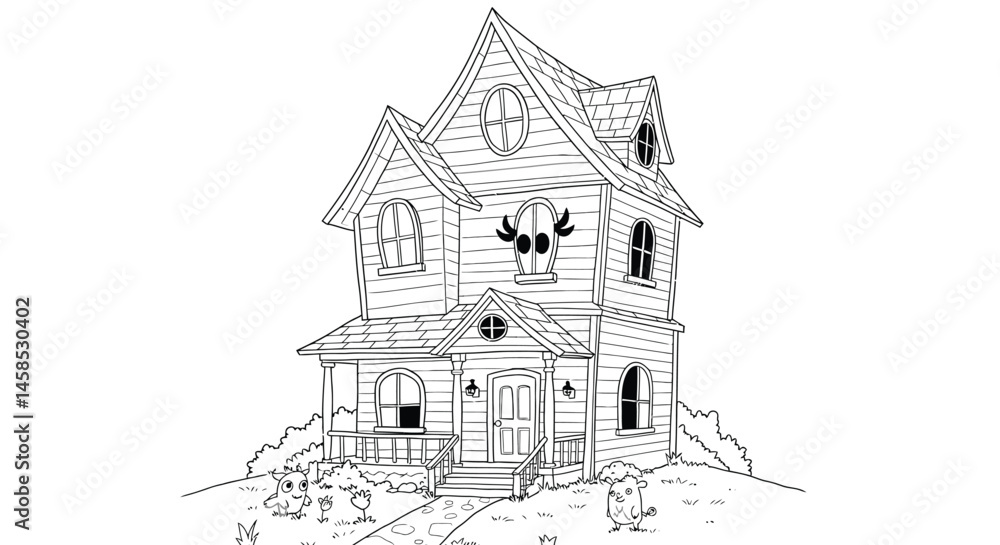Adorable Animated Haunted House Character with a Cute Face Illustration for Coloring Adorable Animated Haunted House Character with a Cute Face Illustration for Coloring