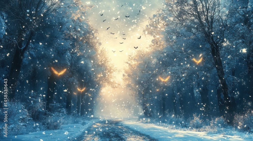 Fototapeta premium Enchanted Winter Forest Path: A Magical Journey Through Snow-Covered Trees