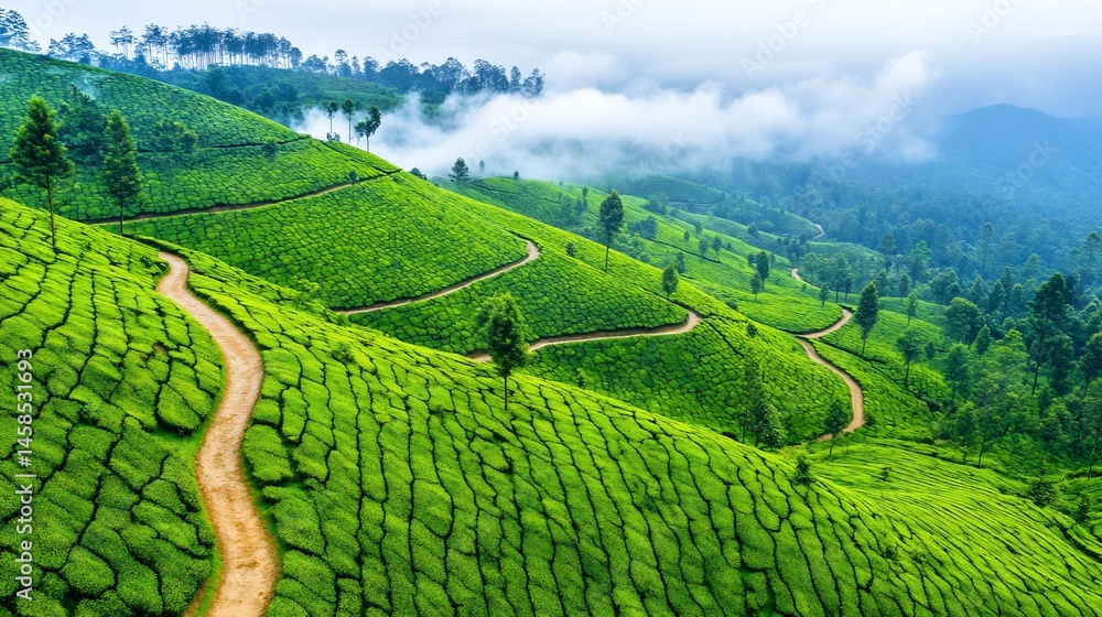 Fototapeta premium Lush tea plantation landscape. Winding roads through vibrant green tea fields, misty mountains