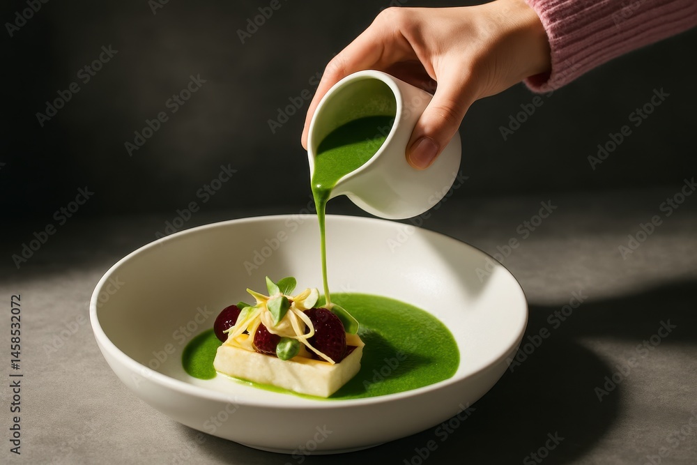 Hand Pouring Green Sauce Over Modern Culinary Presentation Dish