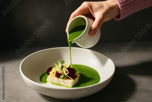 Hand Pouring Green Sauce Over Modern Culinary Presentation Dish
