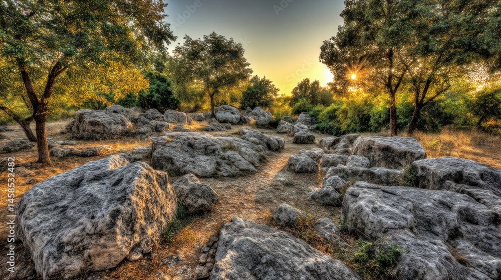 Sunlit stones amidst trees Sunlit stones amidst trees