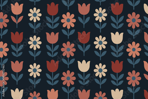 Vintage Folk Art Floral Seamless Pattern with Tulips and Daisies on Dark Background
