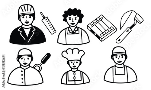 "Professional Occupations Icons Set - Vector Illustrations of Workers in Healthcare, Construction, Culinary, and Industry"