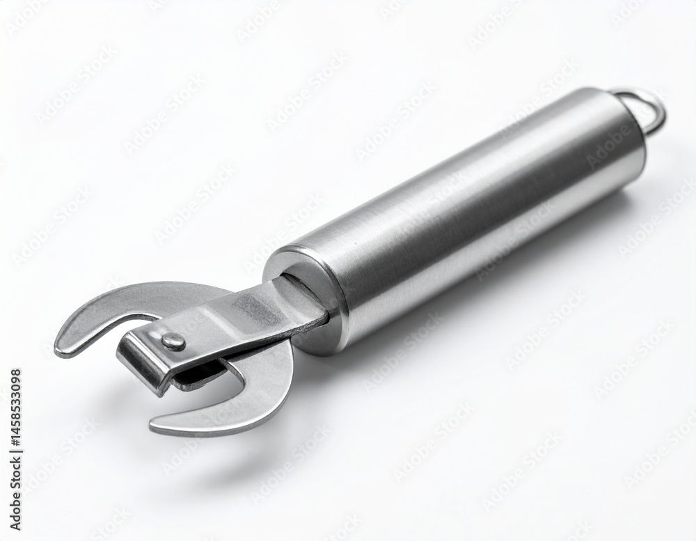 A close-up of a shiny, metallic can opener against a plain white background, showcasing its design A close-up of a shiny, metallic can opener against a plain white background, showcasing its design