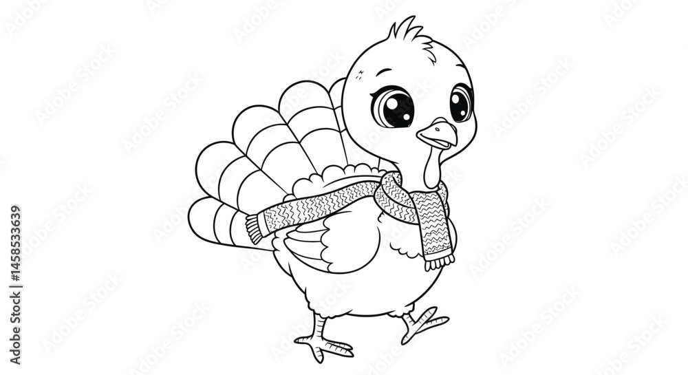 Obraz premium Charming Cartoon Turkey Chick Illustration with Scarf for Engaging Kids Autumn Coloring Sheets