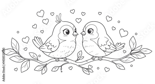 Adorable Cartoon Lovebirds Sitting on a Branch Coloring Page for Children's Sweet Art Projects