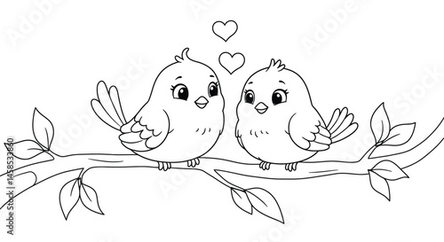 Charming Cartoon Lovebirds Illustration Perched on a Branch for Engaging Kids Coloring Sessions