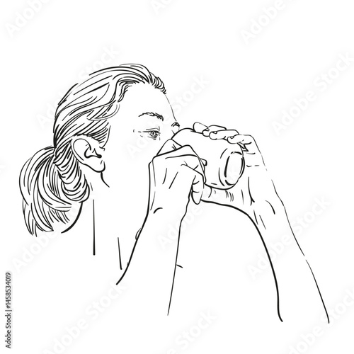 Hand-drawn portrait of a woman drinking, hands with cup. Clean black and white vector line art without shading, isolated on white. Beverage brands, lifestyle content, daily ritual concepts